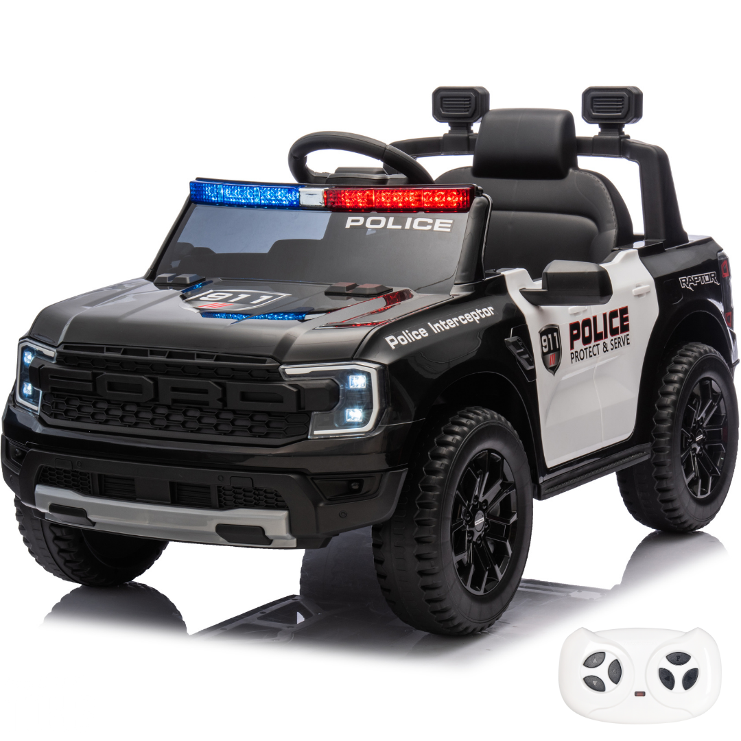Voiture de police électrique 2x 30W - marche AV/AR, Gyrophares et Mégaphone Voiture de police électrique 2x 30W - marche AV/AR, Gyrophares et Mégaphone