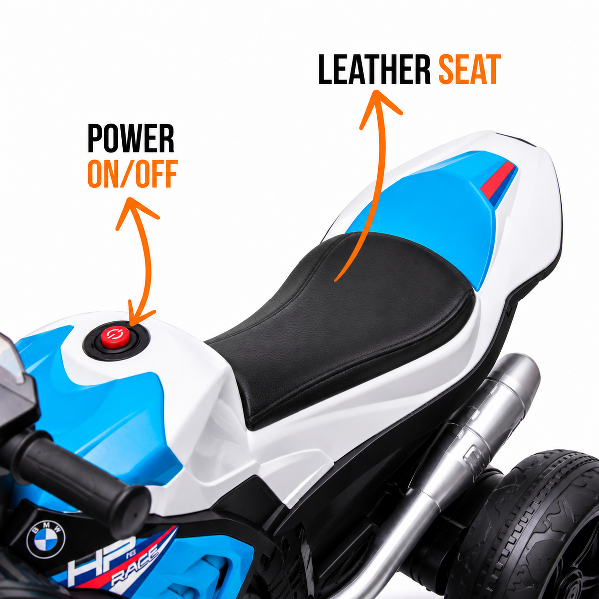 BMW HP4 Race elektryczny motocykl dla dzieci trójkołowy niebieski – zdjęcie 7