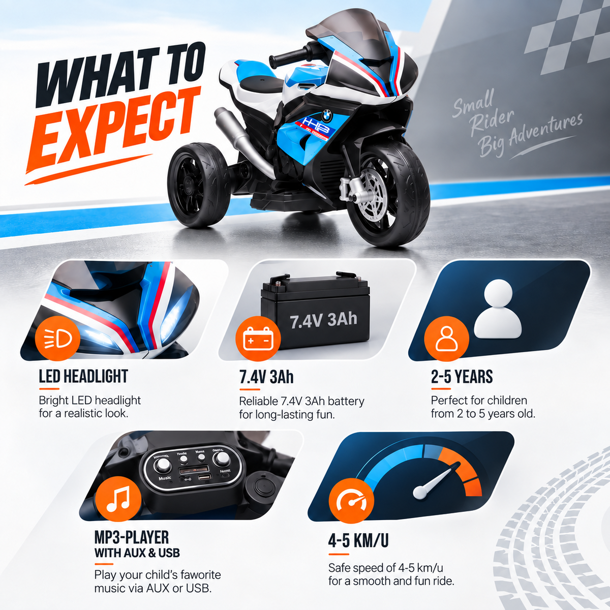 BMW HP4 Race elektryczny motocykl dla dzieci trójkołowy niebieski – zdjęcie 8