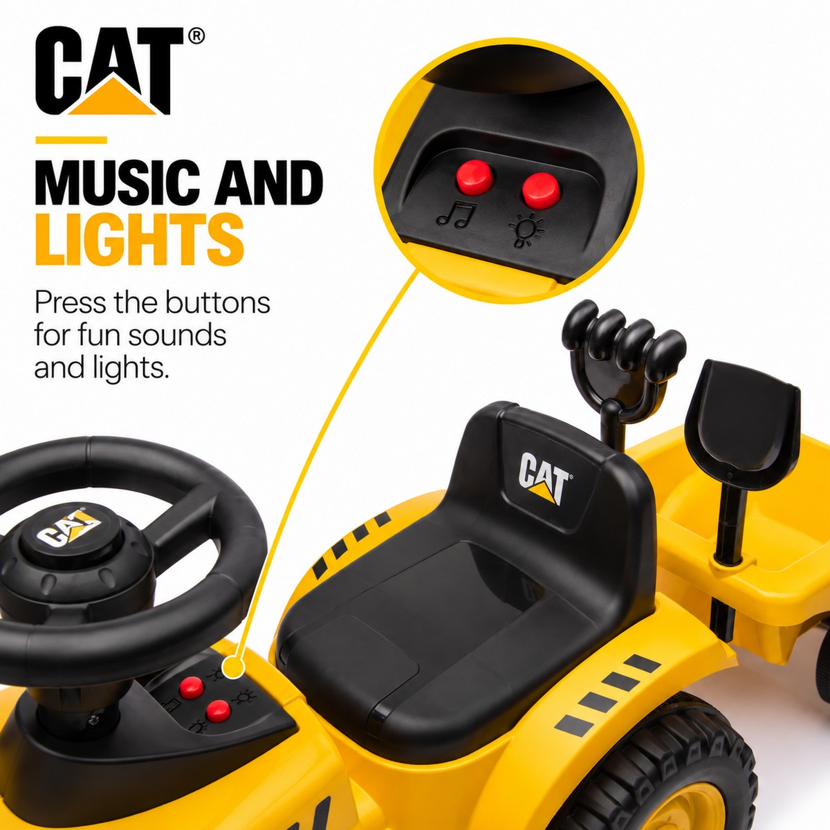 Jeździk CAT traktor z przyczepą żółty – zdjęcie 8