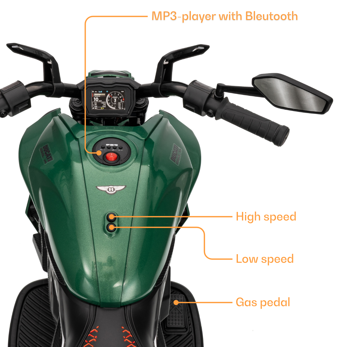 gas pedal mp3 Ducati x Bentley Diavel V4 Elektrisches Kindermotorrad 12 V – Grün
